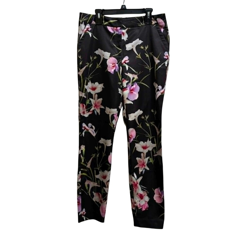 Ted Baker Floral Trousers Womens 2 Black Satin Lily Print Ankle Pants Academia